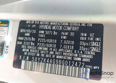 2011 Hyundai Santa Fe Limited V6 z USA, uszkodzony, nr VIN 5XYZK4AG9BG012472